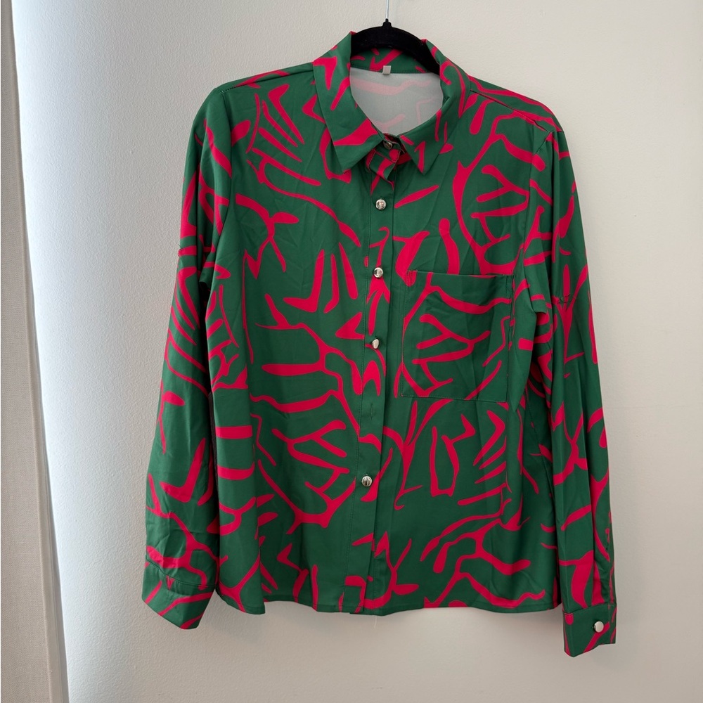 Red and Green Abstract Casual Button Down Shirt